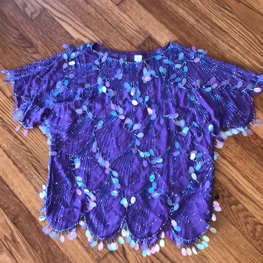 Purple sequin and bead silk scalloped hems top M
